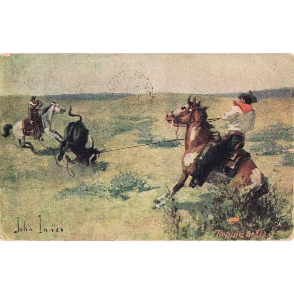 Vintage John Innes Roping a Steer Postcard Troilene Ranching Series 1907 - Picture 1 of 2